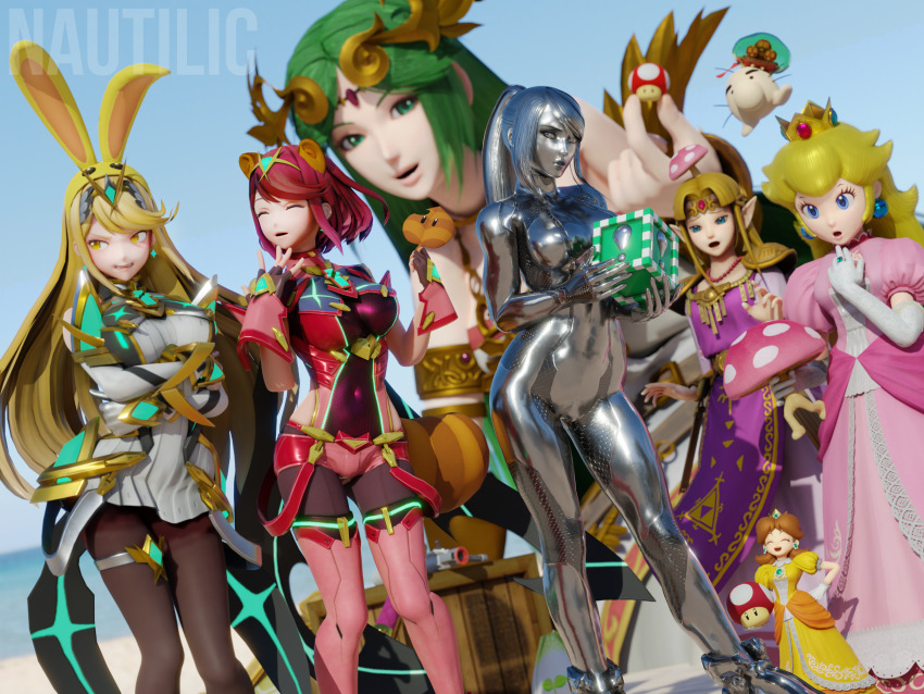 3d, 6+girls, :d, ancient_greek_clothes, animal_ears, aqua_gem, armlet, artist_name