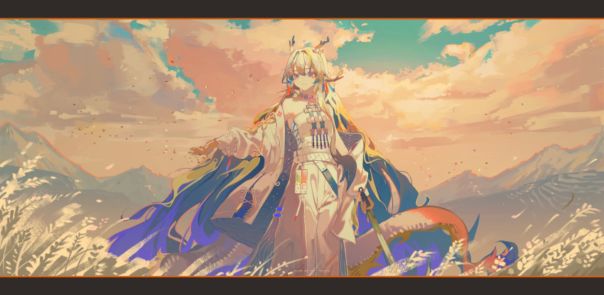1girl, absurdres, arknights, arm_at_side, bead_bracelet, beads, blonde_hair, blue_hair, blue_sky, bracelet, closed_mouth, cloud, cloudy_sky, colored_skin, day, dragon_girl, dragon_horns, dragon_tail, earrings, falling_leaves, feet_out_of_frame, grey_hair, hair_between_eyes, hair_intakes, hair_spread_out, highres, holding, holding_sword, holding_weapon, horns, jacket, jewelry, leaf, letterboxed, long_hair, long_sleeves, mountain, multicolored_hair, multiple_bracelets, necklace, nizhenbang, off_shoulder, open_clothes, open_hand, open_jacket, outdoors, outstretched_arm, pants, pointy_ears, rice_(plant), scenery, shirt, shu_(arknights), sidelocks, sky, smile, solo, strapless, strapless_shirt, streaked_hair, sword, tail, tassel, tassel_earrings, very_long_hair, watermark, weapon, white_jacket, white_pants, white_shirt, wide_shot