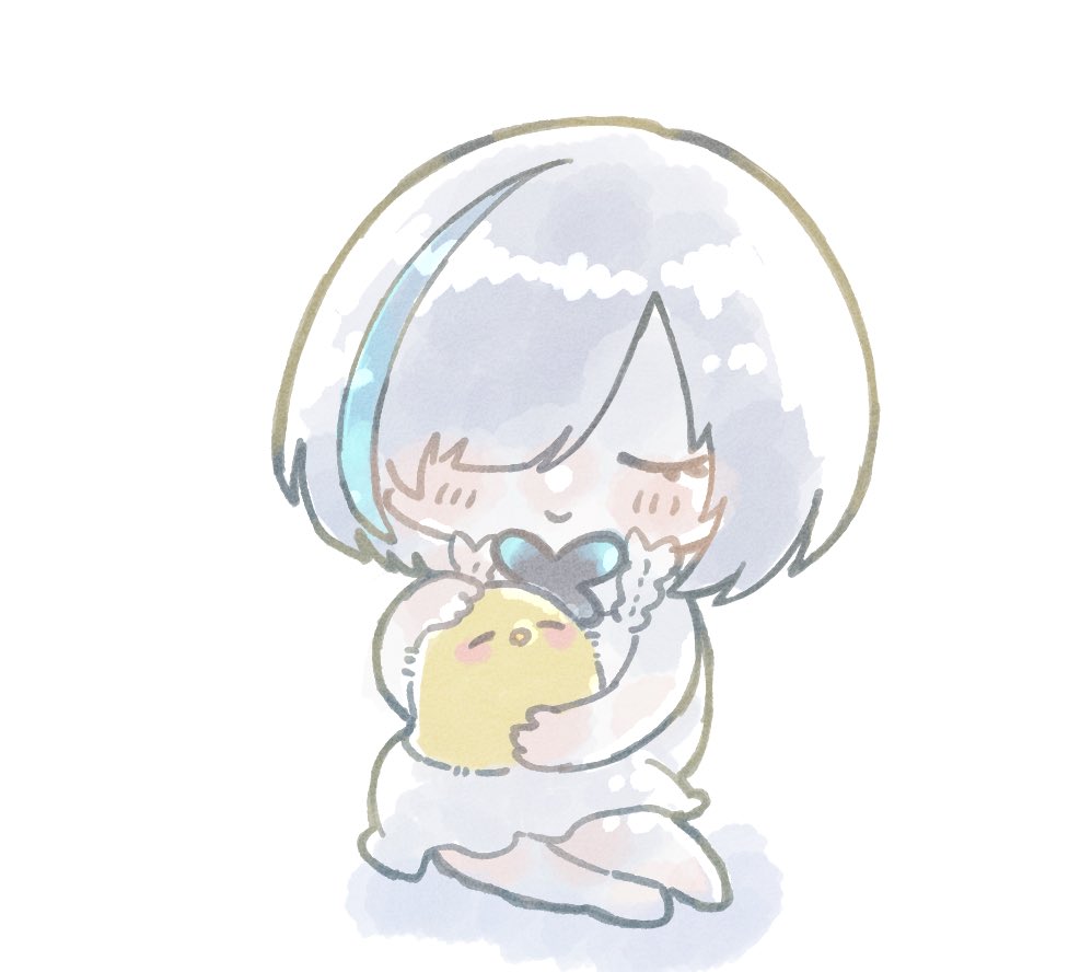 1girl, azur_lane, blue_hair, chibi, chibi_only, closed_eyes, commentary_request, dress, full_body, hair_over_one_eye, holding, i_upiyo01, manjuu_(azur_lane), multicolored_hair, pale_skin, simple_background, sleeveless, sleeveless_dress, solo, streaked_hair, tb_(azur_lane), two-tone_hair, white_background, white_dress, white_hair