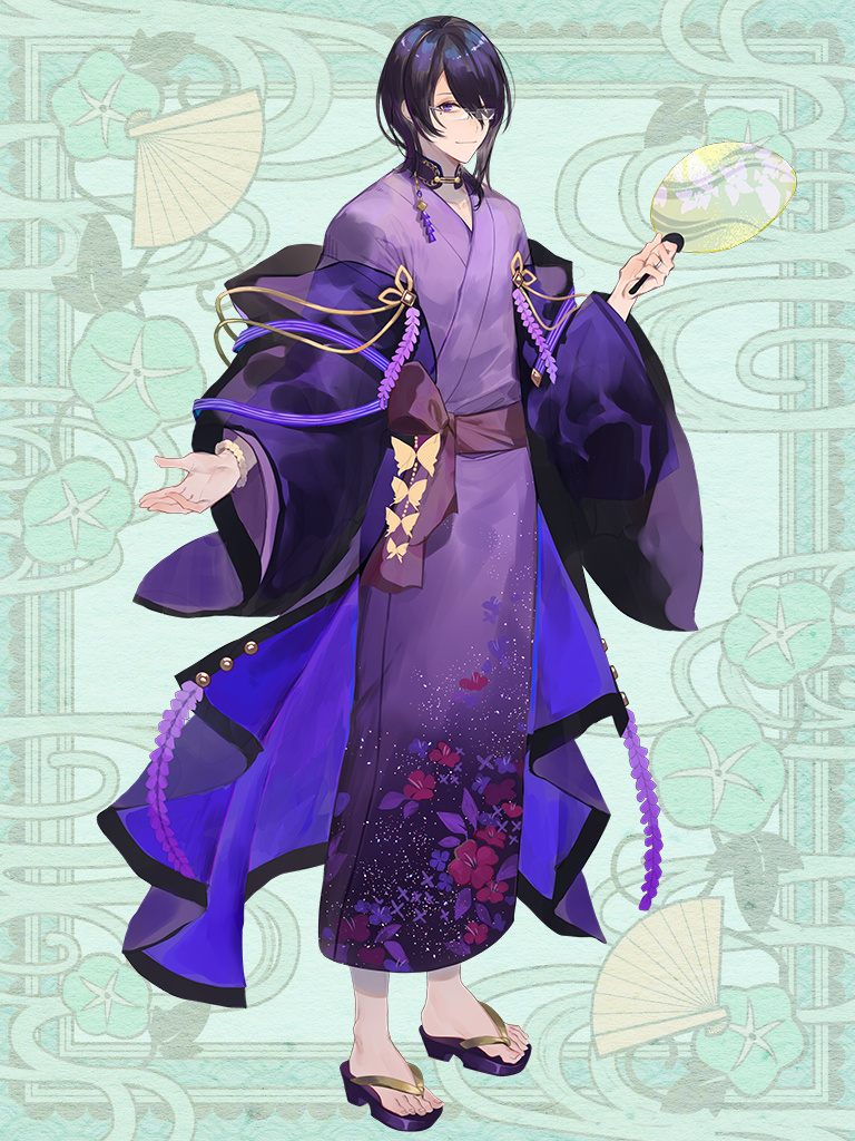 1boy, ame_tyaya, black_hair, floral_print, fujimori_kageyomi, full_body, glasses, green_background, hand_fan, holding, holding_fan, japanese_clothes, kerberos_blade, kimono, okobo, platform_sandals, purple_eyes, purple_kimono, sandals, solo, standing, wide_sleeves, wristband
