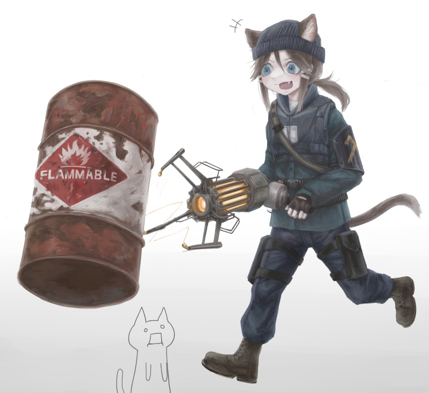 1girl, :3, absurdres, animal_ear_fluff, animal_ears, beanie, belt, black_belt, black_hat, blue_eyes, blue_hoodie, blue_pants, blush, boots, brown_boots, brown_hair, cat, cat_ears, cat_girl, cat_tail, commentary, cosplay, diu9you, drum_(container), explosive, eyelashes, fang, fingerless_gloves, flammable_symbol, gloves, gravity_gun, grey_background, hair_between_eyes, hair_ornament, half-life, half-life_(series), half-life_2, hat, highres, holding, holding_weapon, hood, hoodie, long_sleeves, looking_at_object, medium_hair, open_mouth, original, pants, physics, ponytail, shirt, sidelocks, simple_background, smile, solo, tail, v-shaped_eyebrows, vest, walking, weapon, white_background, white_shirt, zero_gravity