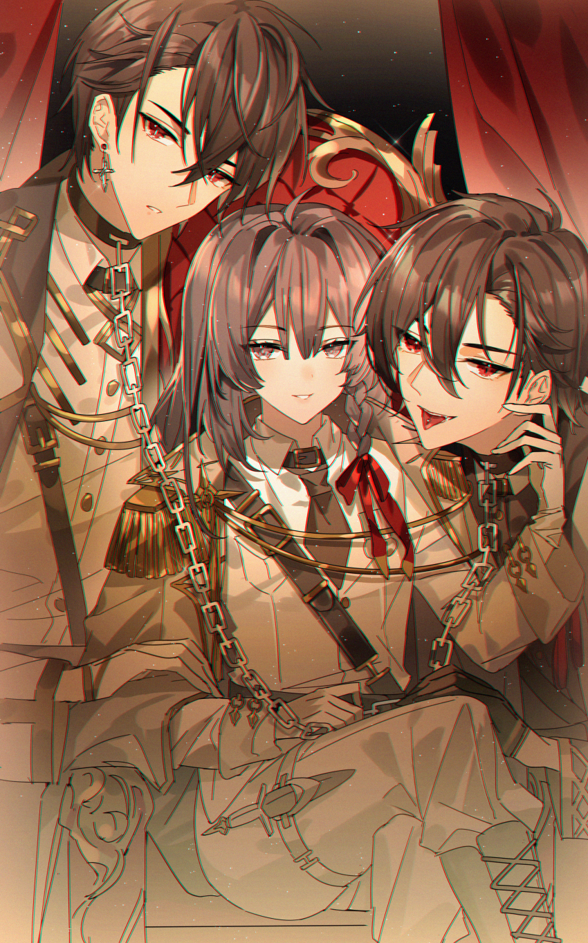 1girl, 2boys, :p, absurdres, armchair, ayn_alwyn, belt, belt_collar, black_belt, black_collar, black_gloves, black_hair, black_necktie, black_shirt, boots, boy_sandwich, braid, breast_pocket, buttoned_cuffs, buttons, cape, chain, chain_leash, chair, chromatic_aberration, collar, collared_shirt, cross, cross_earrings, crossed_legs, curtains, dagger, double-parted_bangs, dress_shirt, dual_persona, earrings, epaulettes, feet_out_of_frame, femdom, gloves, hair_behind_ear, hair_between_eyes, hair_intakes, hair_ribbon, hand_on_another's_arm, hand_on_another's_face, hand_on_another's_knee, heroine_(lovebrush_chronicles), highres, holding, holding_leash, holster, jacket, jewelry, kazenemuri, knife, knife_sheath, lace-up_boots, leaning_forward, leash, light_particles, long_hair, long_sleeves, looking_at_viewer, lovebrush_chronicles, military_uniform, multiple_boys, necktie, pants, parted_lips, piercing, pocket, purple_eyes, red_eyes, red_ribbon, ribbon, sam_browne_belt, sandwiched, sheath, shirt, short_hair, side_braid, single_earring, sitting, smile, standing, thigh_holster, tongue, tongue_out, tongue_piercing, upper_body, weapon, white_cape, white_footwear, white_gloves, white_jacket, white_pants, white_shirt