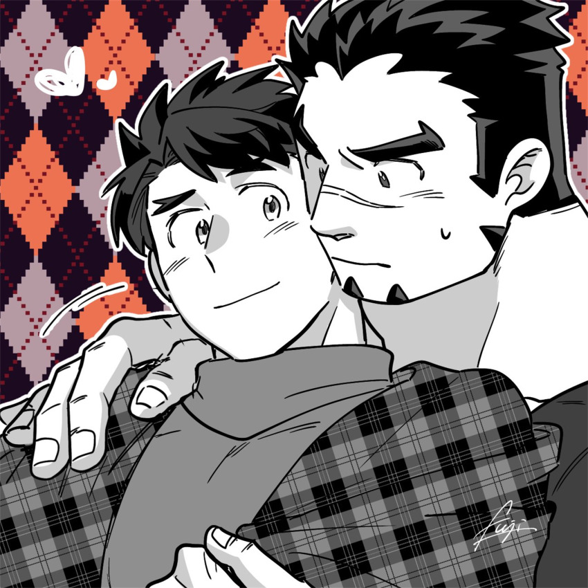2boys, akashi_(live_a_hero), bara, blush, checkered_background, couple, facial_hair, fujishima_kazuya, goatee, greyscale_with_colored_background, hand_on_another's_shoulder, highres, large_hands, light_smile, live_a_hero, long_sideburns, male_focus, male_protagonist_(live_a_hero), motion_lines, multiple_boys, nervous, short_hair, sideburns, sweatdrop, thick_eyebrows, upper_body, yaoi