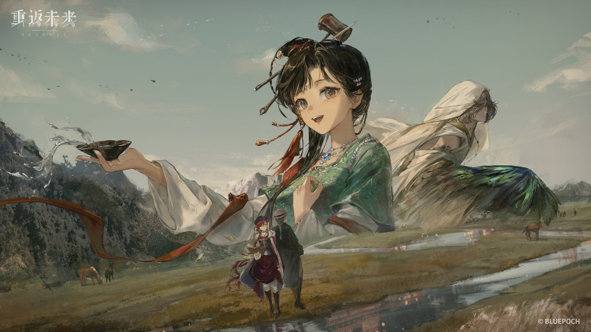 1boy, 3girls, :d, alcohol, bessmert_(reverse:1999), bird_wings, black_coat, black_eyes, black_hair, black_headscarf, black_headwear, black_vest, blue_sky, boots, bowl, braid, brown_feathers, brown_footwear, brown_hair, brown_headwear, brown_wings, newsboy_cap, cape, chinese_clothes, chinese_hairpin, coat, copyright_name, copyright_notice, different_reflection, facing_away, feathered_wings, feathers, fur-trimmed_cape, fur_trim, getian_(reverse:1999), grass, grasslands, green_shirt, grey_hair, hair_bun, hair_ornament, hair_over_shoulder, hand_on_own_chest, hand_up, hands_up, hanfu, harpy_boy, hat, headscarf, helmet, highres, holding, holding_bowl, holding_notebook, horse, jewelry, jiu_niangzi, knee_boots, layered_sleeves, liquor, logo, long_hair, long_sleeves, looking_at_viewer, monster_boy, mountainous_horizon, multiple_girls, nature, necklace, notebook, official_art, official_wallpaper, open_mouth, outdoors, outstretched_arm, pants, pants_under_skirt, pith_helmet, red_cape, red_shawl, red_skirt, reflection, reflective_liquid, reverse:1999, river, scenery, shawl, shirt, short_over_long_sleeves, short_sleeves, single_braid, single_side_bun, skirt, sky, smile, spilling, standing, tassel, tassel_hair_ornament, upper_body, vest, white_shirt, white_sleeves, wide_shot, winged_arms, wings, yenisei_(reverse:1999)