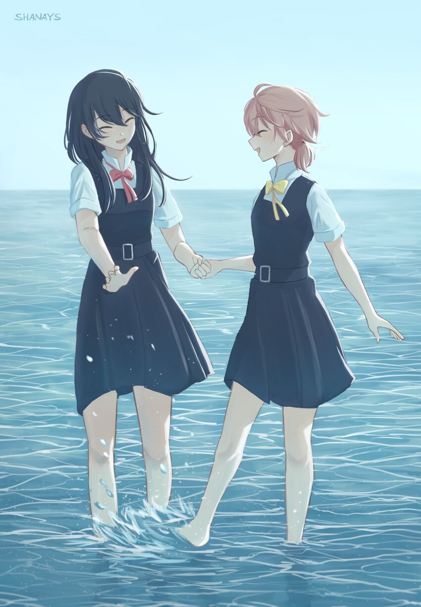 2girls, ^_^, absurdres, ahoge, artist_name, belt, belt_buckle, black_belt, black_dress, black_hair, bow, bowtie, breasts, buckle, closed_eyes, collared_shirt, commentary, dress, dress_shirt, english_commentary, highres, holding_hands, horizon, koito_yuu, long_hair, low_twintails, multiple_girls, nagami_tomoko, open_mouth, orange_hair, pinafore_dress, red_bow, red_bowtie, school_uniform, shanays, shirt, short_hair, short_sleeves, short_twintails, sleeveless, sleeveless_dress, small_breasts, tohmi_higashi_high_school_uniform, twintails, wading, water, white_shirt, yagate_kimi_ni_naru, yellow_bow, yellow_bowtie, yuri