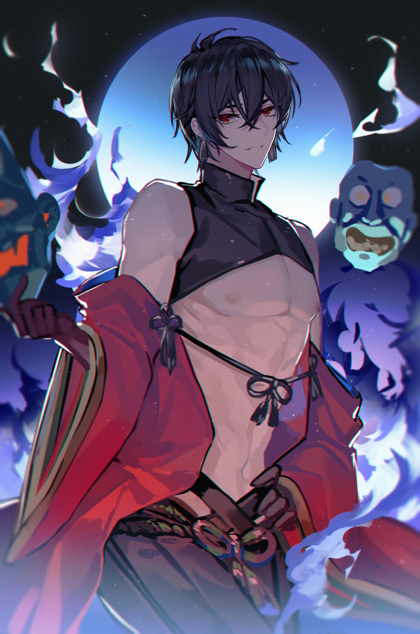 1boy, absurdres, ayn_alwyn, ayn_alwyn_(oneiric_heian-kyo), bare_pectorals, black_gloves, black_hair, black_hakama