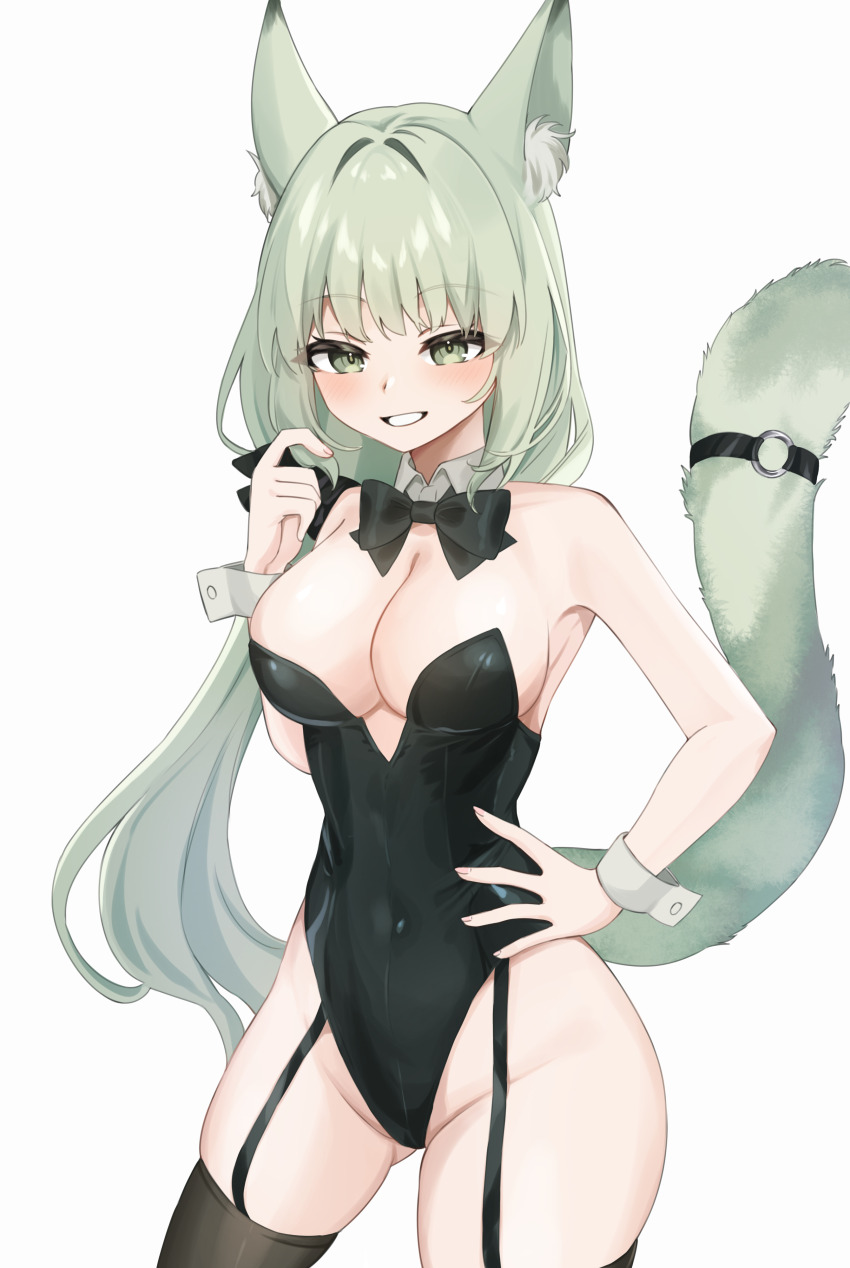 1girl, absurdres, alternate_costume, animal_ear_fluff, animal_ears, arknights, black_leotard, bow, bowtie, breasts, cat_ears, cat_girl, cat_tail, cleavage, detached_collar, garter_straps, green_eyes, green_hair, hand_on_own_hip, harmonie_(arknights), highleg, highres, kittysuit, large_breasts, leotard, medium_breasts, nishimiya_aki, nontraditional_playboy_bunny, playboy_bunny, solo, strapless, strapless_leotard, tail, tail_ornament, tail_ring, traditional_bowtie, white_background, wrist_cuffs