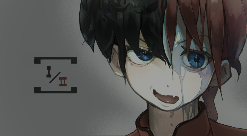 1boy, 1girl, absurdres, angry, bags_under_eyes, black_hair, blue_eyes, braid, braided_ponytail, commentary_request, dripping, dual_persona, fang, glaring, grey_background, highres, hijou_botan, light_blush, long_hair, looking_at_viewer, mandarin_collar, multicolored_hair, open_mouth, portrait, ranma-chan, ranma_1/2, red_hair, saotome_ranma, skin_fang, smirk, split-color_hair, split_theme, v-shaped_eyebrows, water, wavy_mouth, wet, wet_face