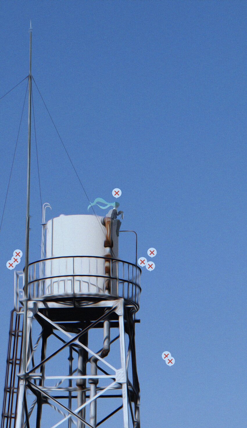 1girl, alternate_costume, black_pantyhose, blue_hair, blue_sky, commentary_request, day, down_jacket, film_grain, floating_hair, from_side, grey_jacket, grey_skirt, hatsune_miku, highres, hijou_botan, holding, holding_shoes, holding_unworn_clothes, jacket, long_hair, long_sleeves, outdoors, pantyhose, profile, scarf, shoes, sitting, skirt, sky, solo, truss, twintails, unworn_shoes, vocaloid, water_tower, white_scarf, wide_shot, x_(symbol)