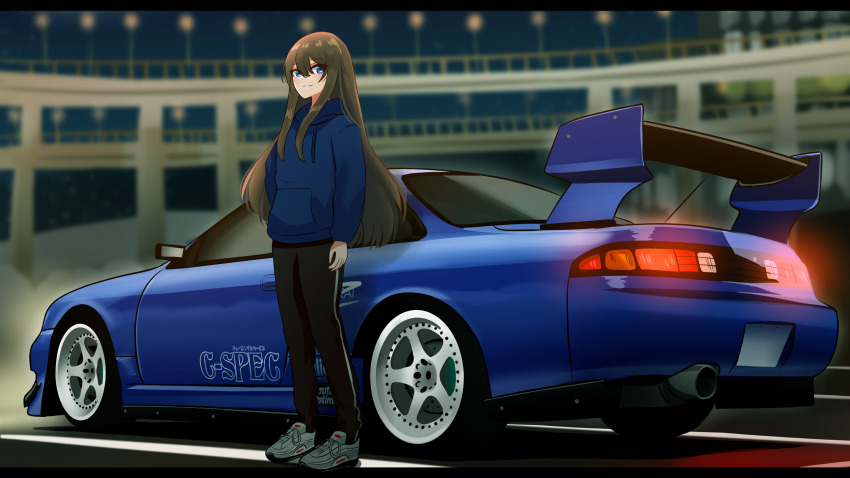 1girl, absurdres, air_max, air_max_97, asamiya_mariko_(holeecrab), black_pants, blue_car, blue_eyes