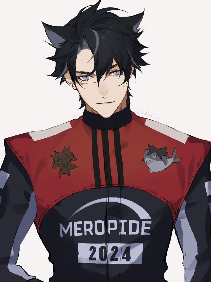 1boy, 2024, artist_name, black_hair, black_jumpsuit, blue_eyes, closed_mouth, clothes_writing