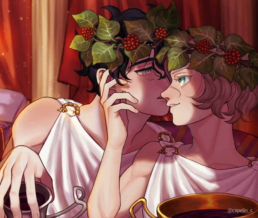 2boys, absurdres, alexander_the_great, artist_name, black_hair, blue_eyes, brown_hair, capelin_s, colored_eyelashes, commentary, couple, cup, curtains, english_commentary, eye_contact, fang, greco-roman_clothes, green_eyes, hair_over_one_eye, hand_on_another's_cheek, hand_on_another's_face, head_wreath, hephaestion, highres, holding, holding_cup, leaf, looking_at_another, male_focus, multiple_boys, open_mouth, pillar, real_life, robe, short_hair, smirk, thick_eyebrows, twitter_username, upper_body, wavy_hair, white_robe, yaoi
