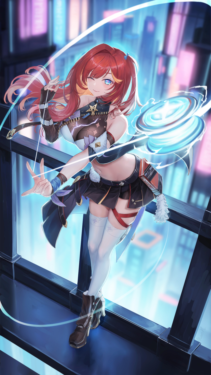 1girl, bare_shoulders, black_footwear, black_gloves, black_skirt, blue_eyes, blurry, blurry_background