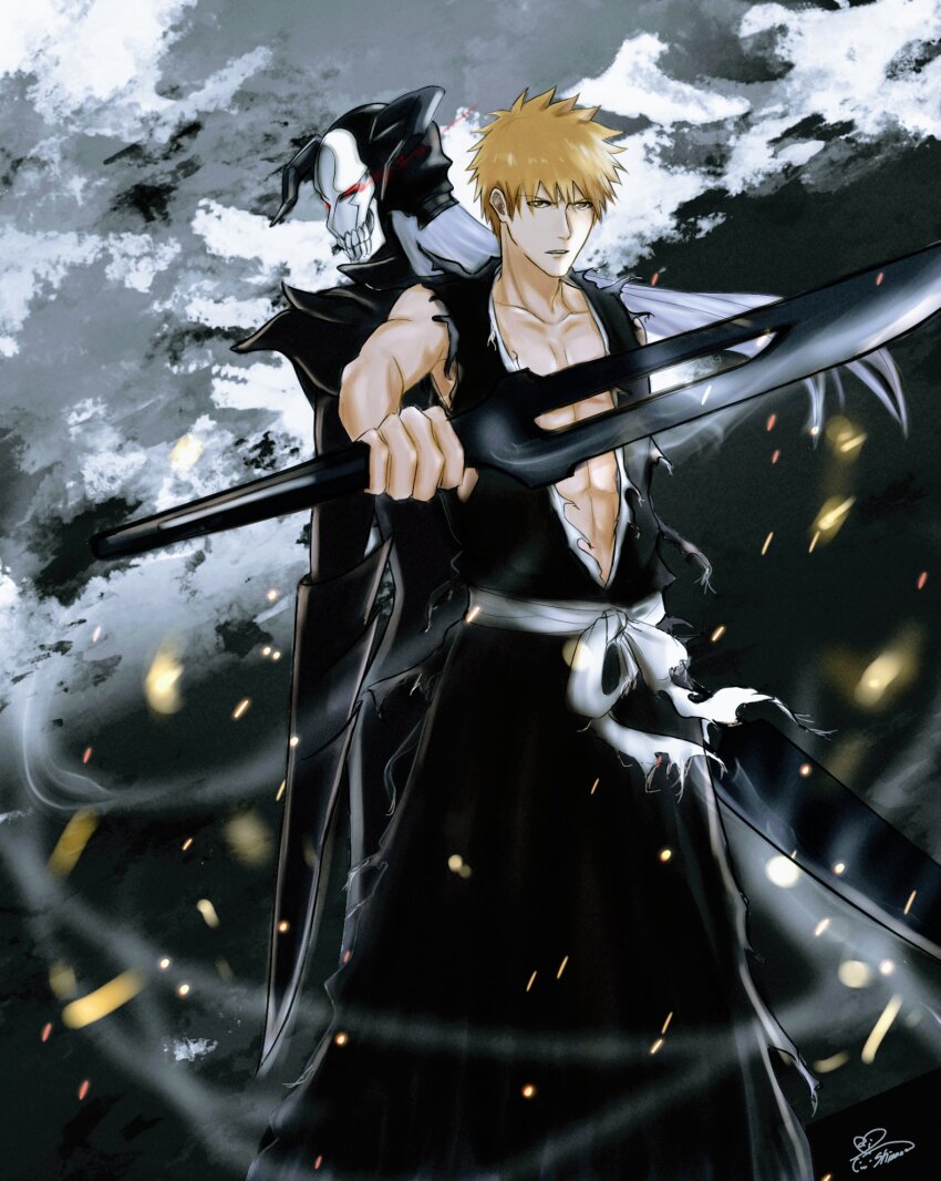 2boys, abs, abstract_background, arm_blade, black_hakama, black_skin, bleach, bleach:_sennen_kessen-hen