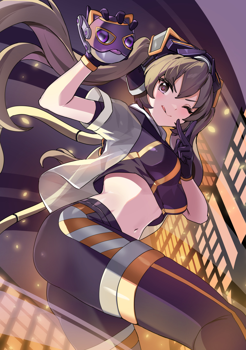 1girl, :q, absurdres, breasts, brown_eyes, brown_hair, cat_mask, city, duel_monster, ebi_bento, em:p_meowmine, feet_out_of_frame, gloves, highres, holding, i:p_masquerena, long_hair, looking_at_viewer, mask, medium_breasts, midriff, navel, pants, short_sleeves, sidelocks, smile, solo, tail, tongue, tongue_out, twintails, yu-gi-oh!