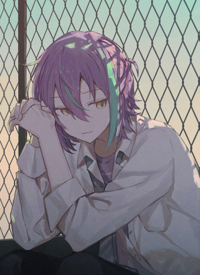 1boy, aqua_hair, black_pants, buttons, chain-link_fence, closed_mouth, collared_shirt, commentary_request, day, double-parted_bangs, expressionless, feet_out_of_frame, fence, hair_between_eyes, highres, kamishiro_rui, kamishiro_rui_(middle_school), kino_kazumi, long_sleeves, looking_to_the_side, male_focus, multicolored_hair, open_collar, outdoors, own_hands_together, pants, partially_unbuttoned, project_sekai, purple_hair, purple_shirt, school_uniform, shadow, shirt, sitting, sleeves_rolled_up, solo, streaked_hair, t-shirt, two-tone_hair, white_shirt, yellow_eyes