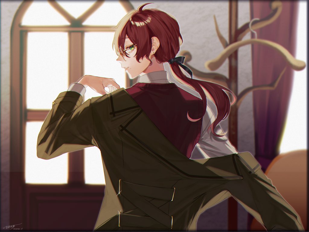 1boy, albert_parker, amazaki_umu, black_ribbon, blurry, blurry_background, brown_hair, clothes_hanger