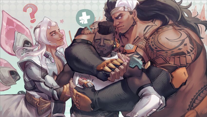 3boys, armor, baptiste_(overwatch), beard, biceps, black_hair, dark_skin, ear_piercing
