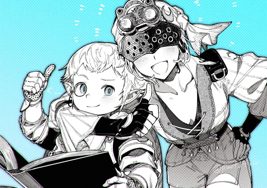 1boy, 1girl, :d, arm_around_neck, black_gloves, blindfold, blue_background, blue_eyes