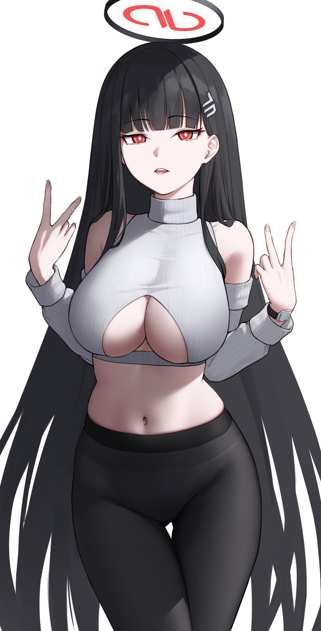 1girl, bare_shoulders, black_hair, blue_archive, blunt_bangs, breasts, bright_pupils, clothing_cutout