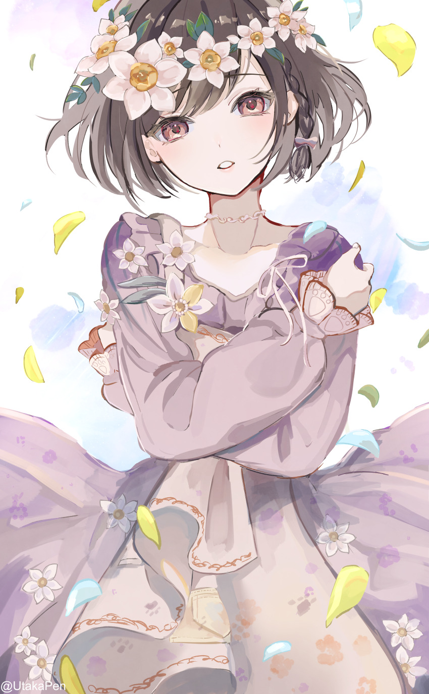 1girl, absurdres, braid, brown_eyes, brown_hair, collar, collarbone, commentary_request, dress, dress_flower, floral_print, flower, frilled_dress, frilled_sleeves, frills, gradient_background, head_wreath, highres, hand_on_own_arm, kagirinaku_haiiro_e_(vocaloid), long_sleeves, looking_at_viewer, mitasarenai_pale_color_(project_sekai), official_alternate_costume, open_mouth, petals, pink_dress, pink_ribbon, project_sekai, puffy_long_sleeves, puffy_sleeves, ribbon, shinonome_ena, short_hair, side_braid, solo, swept_bangs, twitter_username, utakapen, wind
