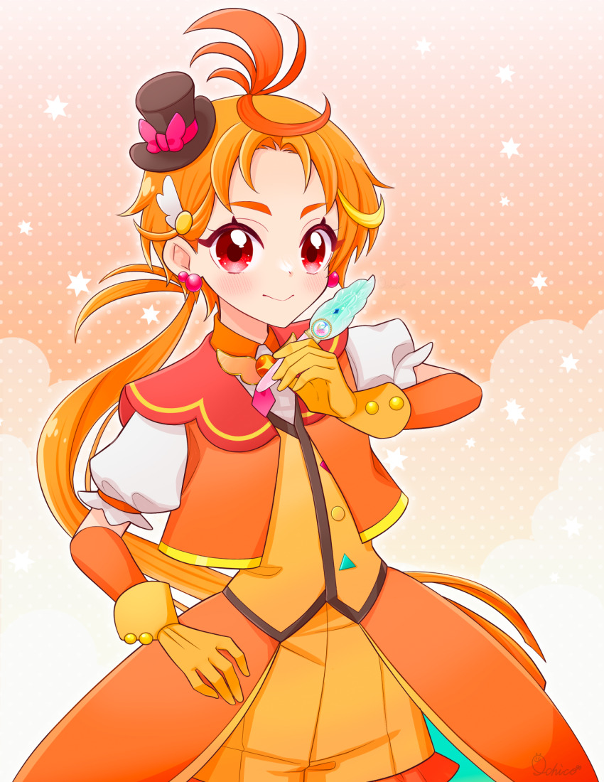1boy, artist_name, brooch, coattails, cowboy_shot, cropped_jacket, cure_wing, earrings, frilled_shorts, frills, gloves, hand_on_own_hip, hat, highres, hirogaru_sky!_precure, holding, ichico_mkmk, jacket, jewelry, long_hair, looking_at_viewer, low_ponytail, magical_boy, male_focus, mini_hat, mini_top_hat, mirage_pen, open_mouth, orange_background, orange_gloves, orange_hair, orange_jacket, orange_shorts, ponytail, precure, puffy_short_sleeves, puffy_sleeves, red_eyes, short_sleeves, shorts, signature, smile, standing, tailcoat, tilted_headwear, top_hat, wing_brooch, yuunagi_tsubasa