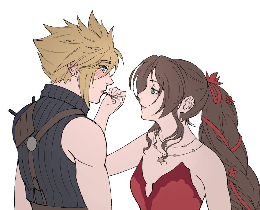 1boy, 1girl, aerith_gainsborough, aerith_gainsborough_(red_dress), applying_makeup, arm_at_side, armor, arms_at_sides, bare_arms, bare_shoulders, blonde_hair, blue_eyes, blush, breasts, brown_hair, closed_mouth, cloud_strife, couple, dress, eye_contact, eyebrows_hidden_by_hair, eyes_visible_through_hair, final_fantasy, final_fantasy_vii, final_fantasy_vii_remake, flamenco_dress, flower, gold_necklace, green_eyes, hair_between_eyes, hair_flower, hair_ornament, hair_ribbon, half-closed_eyes, hand_up, hetero, highres, jewelry, liunennim, long_hair, looking_at_another, medium_breasts, neck, necklace, official_alternate_costume, parted_bangs, ponytail, red_dress, red_flower, red_ribbon, ribbon, short_hair, shoulder_armor, sidelocks, simple_background, sleeveless, sleeveless_turtleneck, smile, spiked_hair, square_enix, star_(symbol), star_necklace, strapless, strapless_dress, suspenders, turtleneck, upper_body, wall_market, white_background