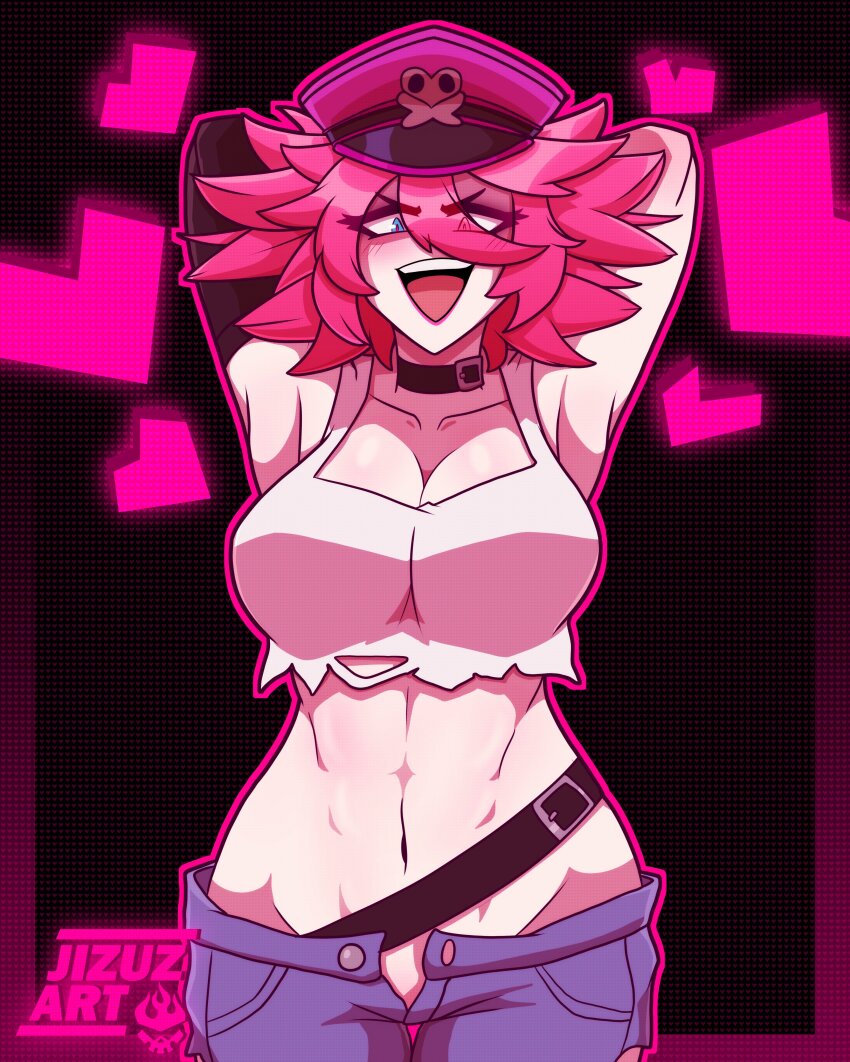 1girl, 2022, :d, absurdres, armpits, arms_behind_head, artist_name, asymmetrical_clothes, asymmetrical_gloves, belt, belt_buckle, blue_eyes, breasts, buckle, capcom, choker, cleavage, collarbone, commentary, crop_top, curvy, denim, denim_shorts, elbow_gloves, english_commentary, female_focus, final_fight, floating_hair, gloves, gradient_background, groin, hair_between_eyes, half-closed_eyes, hat, highres, jizuz_kord, large_breasts, looking_at_viewer, messy_hair, midriff, navel, open_mouth, out_of_frame, patterned_background, pink_background, pink_hair, pink_lips, poison_(final_fight), police, police_hat, police_uniform, policewoman, seductive_smile, shirt, short_hair, short_shorts, shorts, simple_background, skull_and_crossbones, smile, solo, street_fighter, street_fighter_v, teeth, thick_thighs, thigh_strap, thighs, torn_clothes, torn_shirt, unzipped, upper_body, upper_teeth_only, v-shaped_eyebrows