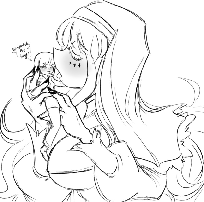 2girls, blush, breasts, closed_eyes, drawfag, english_text, giant, giantess