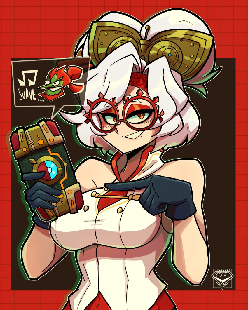 1boy, 1girl, 2023, absurdres, artist_logo, artist_name, bare_shoulders, black_gloves, breasts, collarbone, collared_shirt, commentary, english_commentary, eyeshadow, ganondorf, gloves, goggles, goggles_on_head, gold, grin, hair_bun, headband, highres, holding, holding_tablet_pc, jizuz_kord, large_breasts, logo, long_hair, looking_at_viewer, makeup, mole, mole_under_mouth, nintendo, out_of_frame, patterned_background, pointing, purah, purah_pad, red-framed_eyewear, red_background, red_eyes, red_eyeshadow, sheikah, shirt, smile, solo_focus, spanish_text, speech_bubble, tablet_pc, the_legend_of_zelda, the_legend_of_zelda:_tears_of_the_kingdom, upper_body, vest, white_hair