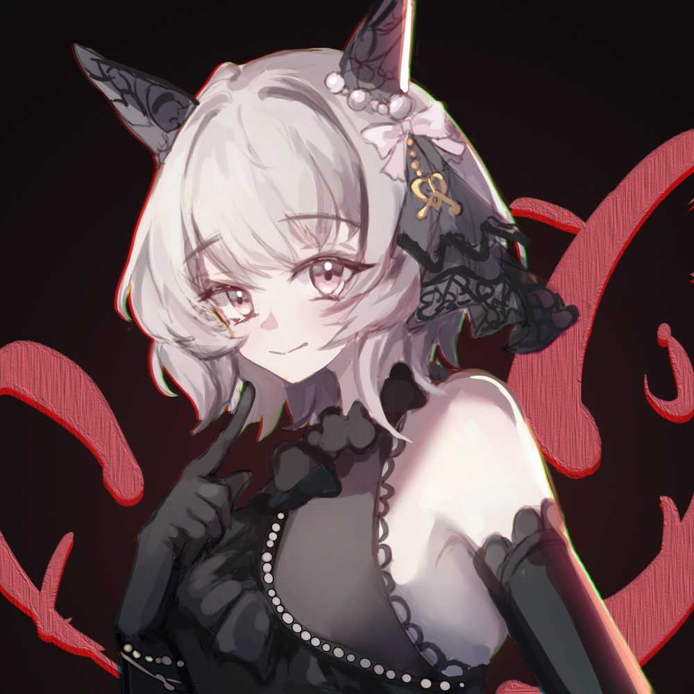 1girl, animal_ears, armpit_crease, asa_achen, bare_shoulders, black_background, black_dress, black_gloves