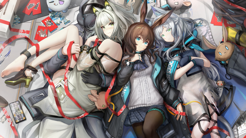 1other, 3girls, absurdres, amiya_(arknights), animal_ear_fluff, animal_ears, aqua_eyes, arknights, bare_shoulders, black_jacket, black_pantyhose, blue_skirt, brown_hair, carrying, cat_ears, choshanland_plushy_(arknights), commentary, dated_commentary, doctor_(arknights), dragon_bean_(arknights), green_eyes, grey_hair, head_tilt, highres, irvinetope, jacket, kal'tsit_(arknights), ling_(arknights), long_sleeves, lungmen_dollar, miniskirt, multiple_girls, pantyhose, pleated_skirt, princess_carry, rabbit_ears, rosmontis_(arknights), shirt, skirt, white_jacket, white_shirt