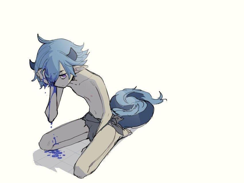 1boy, ahoge, bleeding, blood, blood_drip, bloody_tears, blue_blood, blue_hair, blue_horns, closed_mouth, dark-skinned_male, dark_skin, dragon_boy, dragon_horns, dragon_tail, full_body, fur-tipped_tail, grey_loincloth, hand_over_eye, hitsuka_no_tsuki_miko, horns, injury, kneeling, loincloth, looking_at_viewer, male_focus, original, pointy_ears, purple_eyes, short_hair, simple_background, solo, tail, topless_male, yellow_background