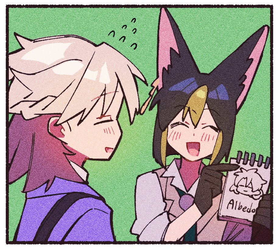 2boys, :d, ^_^, albedo_(genshin_impact), albedo_(m&amp;g)_(genshin_impact), animal_ear_fluff, animal_ears, black_hair