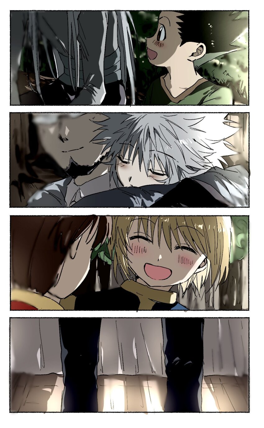 6+boys, age_difference, aged_down, bed, black_hair, black_pants, blonde_hair, blurry