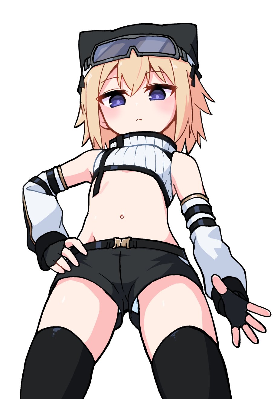 1girl, animal_ears, bare_shoulders, black_gloves, black_headwear, black_shorts, black_thighhighs, breasts