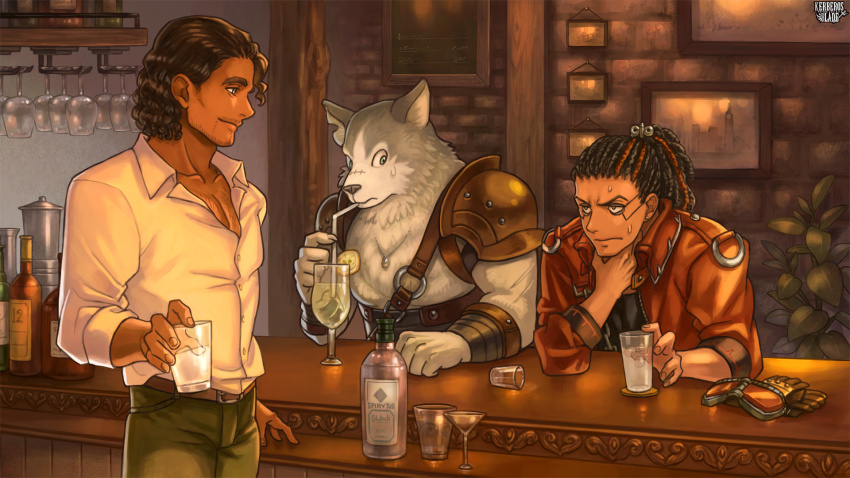 3boys, armor, bar_(place), black_hair, brown_jacket, chest_hair, cocktail_glass, copyright_name