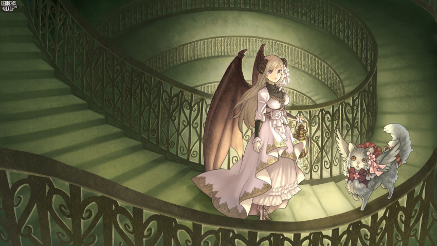 1girl, blonde_hair, bow, breasts, brown_eyes, brown_horns, brown_wings, cat, copyright_name, curled_horns, dress, high_heels, highres, holding, holding_lantern, horns, kerberos_blade, lantern, looking_at_viewer, medium_breasts, on_railing, railing, red_bow, spiral_staircase, stairs, standing, tsukioka_keru, white_dress, wings
