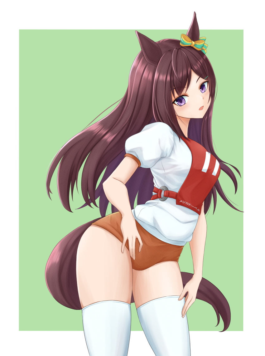1girl, animal_ears, bow, brown_hair, buruma, character_name, commentary, ear_bow