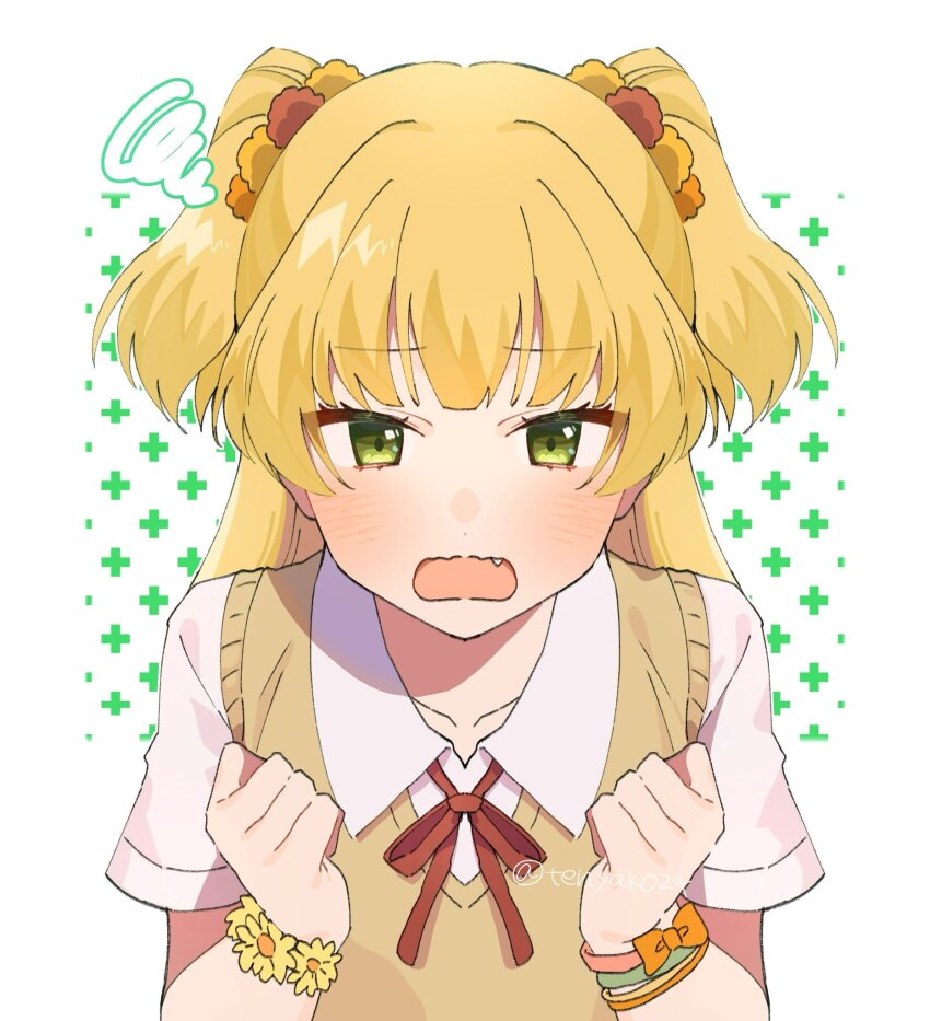 1girl, blonde_hair, blush, bracelet, cardigan_vest, clenched_hands, collared_shirt, commentary_request, fang, green_eyes, highres, idolmaster, idolmaster_cinderella_girls, jewelry, jougasaki_rika, long_hair, looking_at_viewer, multiple_bracelets, open_mouth, shirt, short_sleeves, solo, squiggle, tenyako_(mirasato24), two_side_up, upper_body