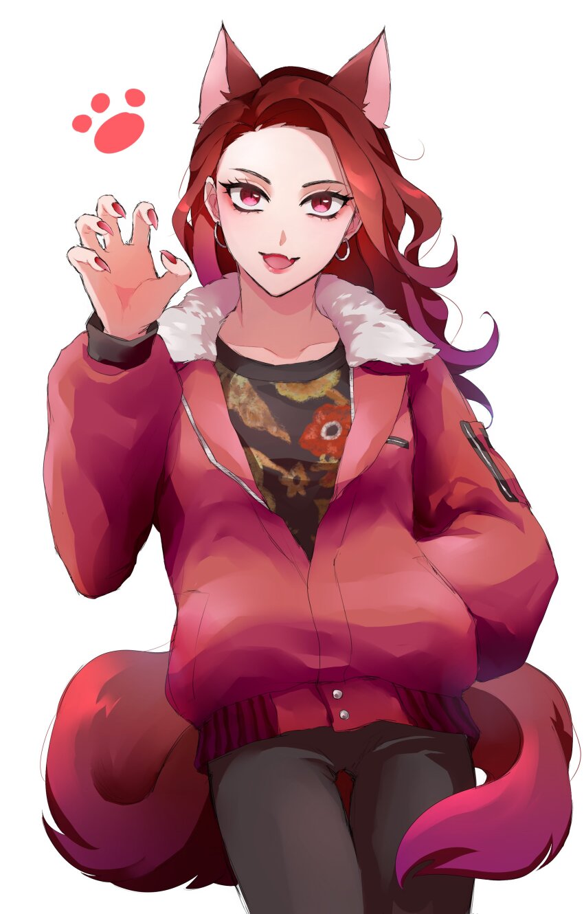 1girl, absurdres, akame_(ryuu_ga_gotoku), animal_ears, black_pants, black_shirt, cowboy_shot, earrings, fingernails, hand_in_pocket, hand_up, highres, jacket, jewelry, long_hair, long_sleeves, me_8jo, open_mouth, pants, red_eyes, red_hair, red_jacket, red_nails, ryuu_ga_gotoku_(series), ryuu_ga_gotoku_7_gaiden, sharp_fingernails, shirt, simple_background, smile, solo, standing, tail, white_background