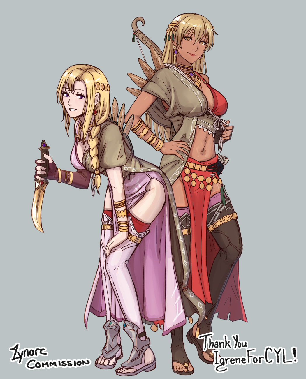 2girls, artist_name, blonde_hair, bow_(weapon), bracelet, braid, breasts, brown_eyes, brown_thighhighs, brown_tunic, commentary, dark-skinned_female, dark_skin, earrings, english_commentary, fingerless_gloves, fire_emblem, fire_emblem:_the_binding_blade, fire_emblem:_the_blazing_blade, fire_emblem_heroes, full_body, gloves, gold_bracelet, grey_background, hair_ornament, highres, holding, holding_knife, igrene_(fire_emblem), igrene_(sworn_protector)_(fire_emblem), jewelry, knife, large_breasts, looking_at_viewer, louise_(fire_emblem), louise_(sworn_protector)_(fire_emblem), lynarc, medium_breasts, midriff, multiple_bracelets, multiple_girls, nintendo, official_alternate_costume, pelvic_curtain, puffy_short_sleeves, puffy_sleeves, purple_eyes, sandals, short_sleeves, single_glove, smile, tassel, tassel_hair_ornament, thighhighs, toeless_legwear, tunic, weapon, weapon_on_back