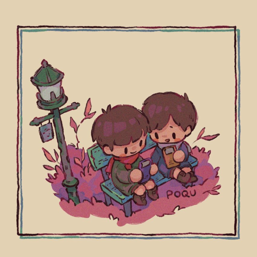 2boys, :d, artist_name, bench, black_eyes, blue_jacket, blush, blush_stickers, boots, border, brown_footwear, brown_hair, brown_shorts, bush, character_request, chibi, chigau_fuyu_no_bokura, closed_mouth, commentary, english_commentary, grass, green_jacket, hands_up, highres, jacket, lamppost, long_sleeves, male_focus, multiple_boys, on_bench, open_mouth, poqu, purple_scarf, red_scarf, scarf, short_hair, shorts, simple_background, sitting, smile, solid_oval_eyes, yellow_background, yellow_border