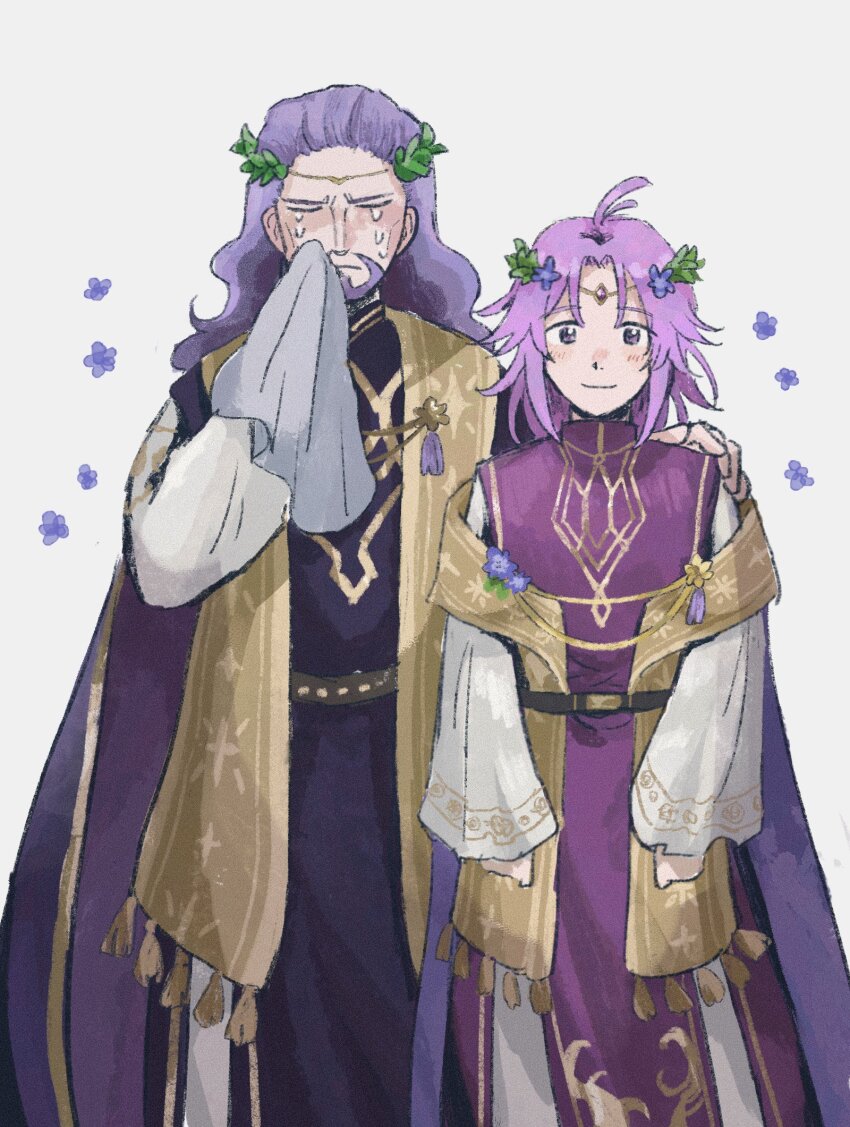 2boys, arm_around_shoulder, beard, cape, cho_yoy, circlet, closed_mouth, crying