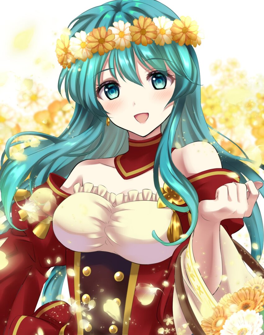 1girl, :d, aqua_eyes, aqua_hair, bare_shoulders, basket, dress, earrings, eirika_(fire_emblem), eirika_(valentine)_(fire_emblem), elbow_carry, fire_emblem, fire_emblem:_the_sacred_stones, fire_emblem_heroes, flower, flower_basket, hair_flower, hair_ornament, highres, holding, holding_basket, jewelry, kakiko210, looking_at_viewer, nintendo, off_shoulder, official_alternate_costume, open_mouth, red_dress, smile, solo, upper_body