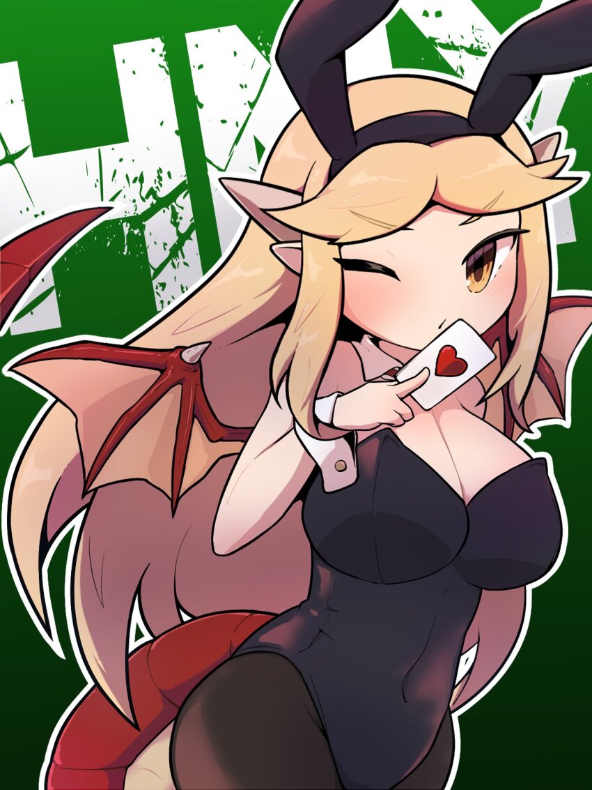 1girl, animal_ears, bare_arms, black_leotard, black_pantyhose, blonde_hair, blush, breasts, brown_eyes, bunny_day, card, cleavage, commentary_request, cowboy_shot, detached_collar, dragon_girl, dragon_horns, dragon_tail, dragon_wings, dragonewt_(monmusu_gladiator), fake_animal_ears, gradient_background, green_background, heart, highres, holding, holding_card, horns, large_breasts, leotard, long_hair, looking_at_viewer, minato_aoi, monmusu_gladiator, one_eye_closed, outline, pantyhose, parted_lips, playboy_bunny, pointy_ears, rabbit_ears, red_tail, red_wings, simple_background, solo, tail, white_outline, wings, wrist_cuffs