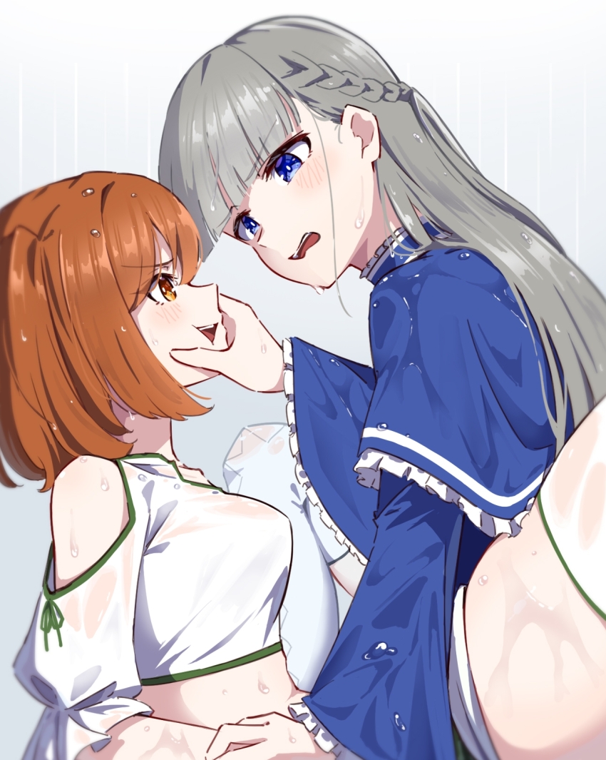 2girls, bare_shoulders, blue_capelet, blue_dress, blue_eyes, blunt_bangs, breasts, capelet