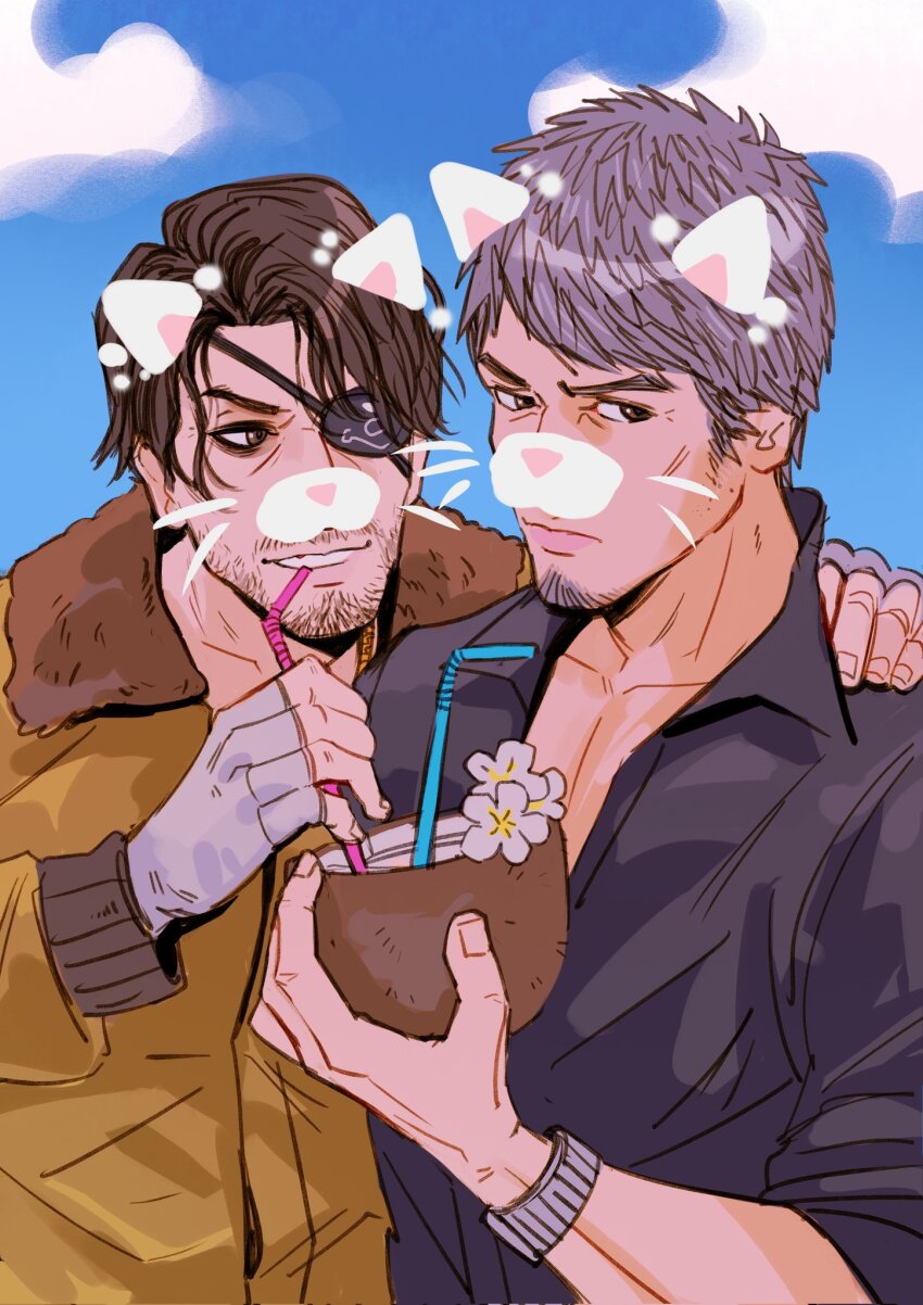 2boys, beard, black_eyes, black_hair, black_shirt, blue_background, coconut, coconut_cup, collarbone, collared_shirt, cup, drinking_straw, facial_hair, fingerless_gloves, fruit_as_cup, gloves, grey_hair, hand_on_another's_shoulder, highres, holding, holding_cup, jacket, kiryu_kazuma, long_sleeves, lumuscus, majima_goro, male_focus, multiple_boys, ryuu_ga_gotoku_(series), ryuu_ga_gotoku_8, shirt, short_hair, upper_body, watch, white_gloves, wristwatch, yellow_jacket