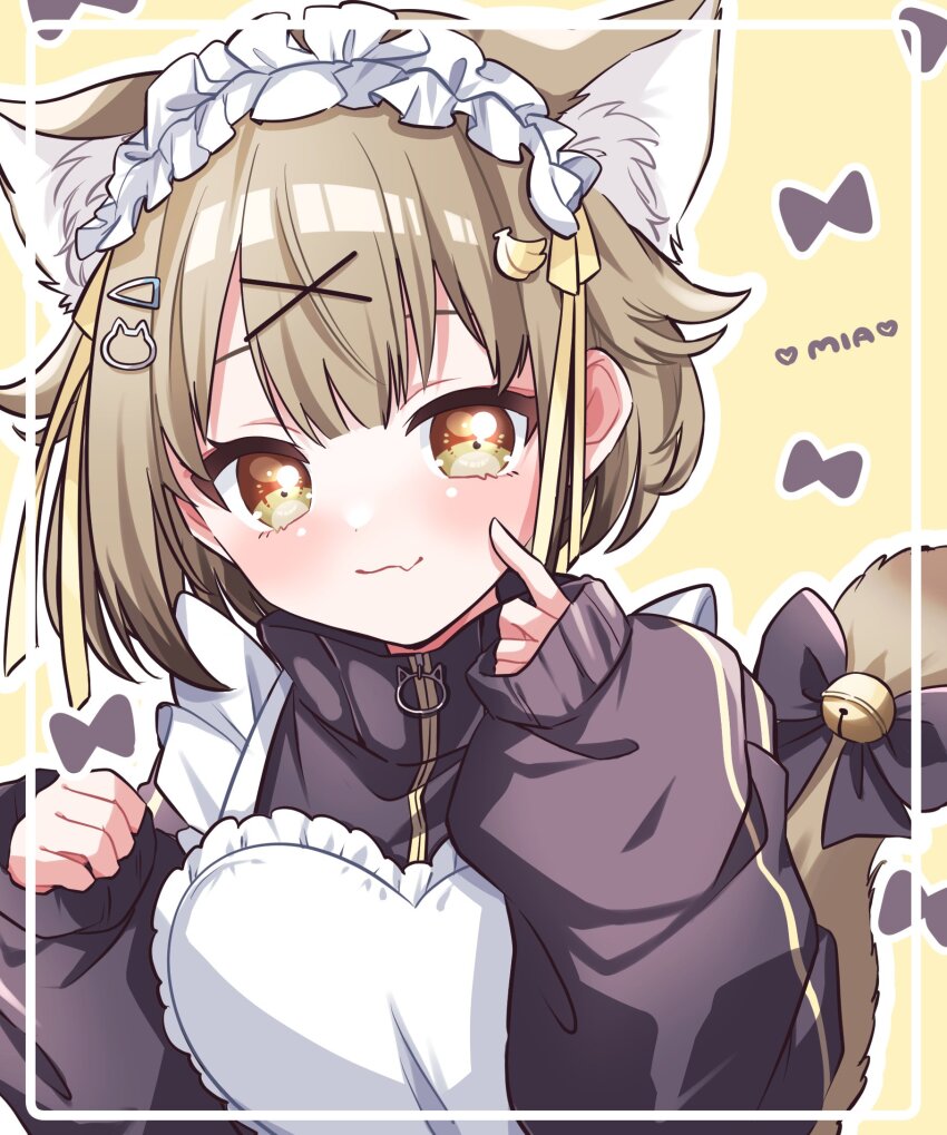 1girl, animal_ear_fluff, apron, banana_hair_ornament, bell, black_bow, black_jacket, blush