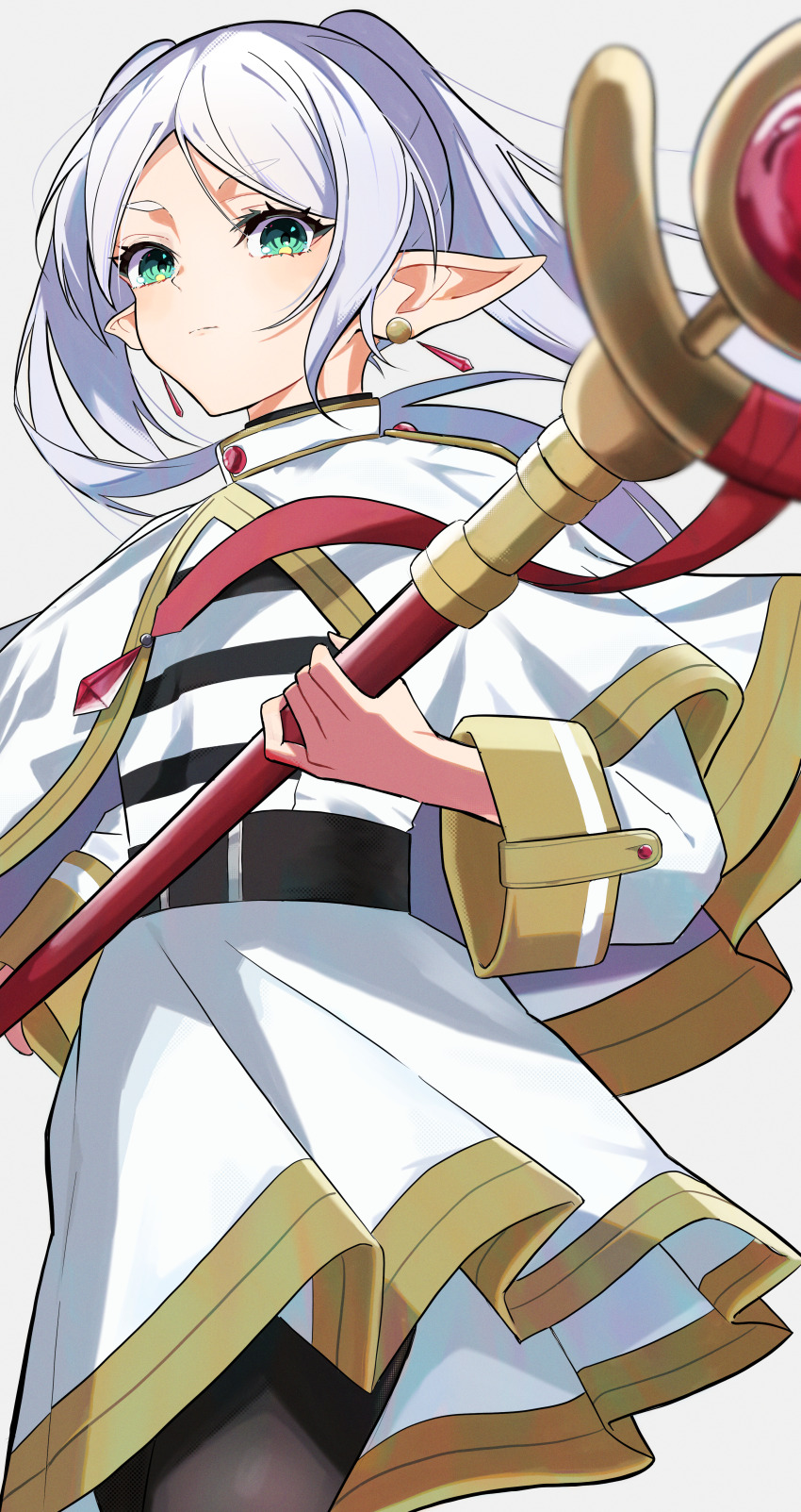 1girl, absurdres, black_pantyhose, capelet, commentary, dress, earrings, floating_earrings